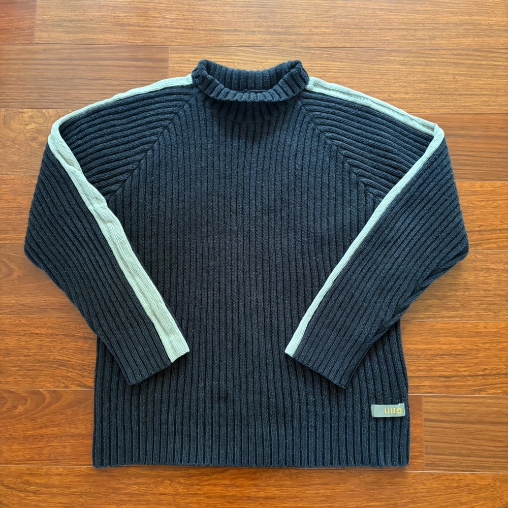 Unionbay Mens Sweater XL Black Gray Side Stripe Ribbed Mock Neck Wool Blend Y2K